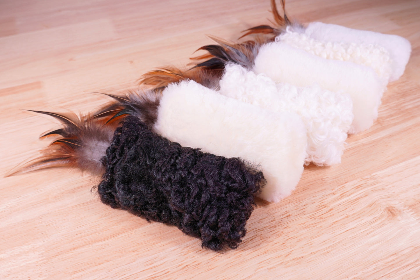 Sheepskin Wool Cat Kicker Toys - With Natural Pheasant Feathers