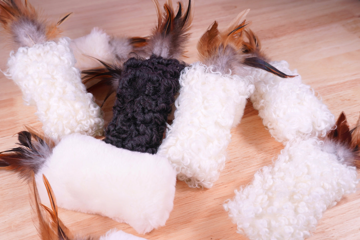 Sheepskin Wool Cat Kicker Toys - With Natural Pheasant Feathers