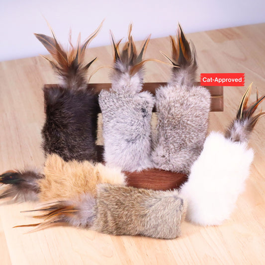 Rabbit Fur Cat Kicker Toys - With Natural Pheasant Feathers