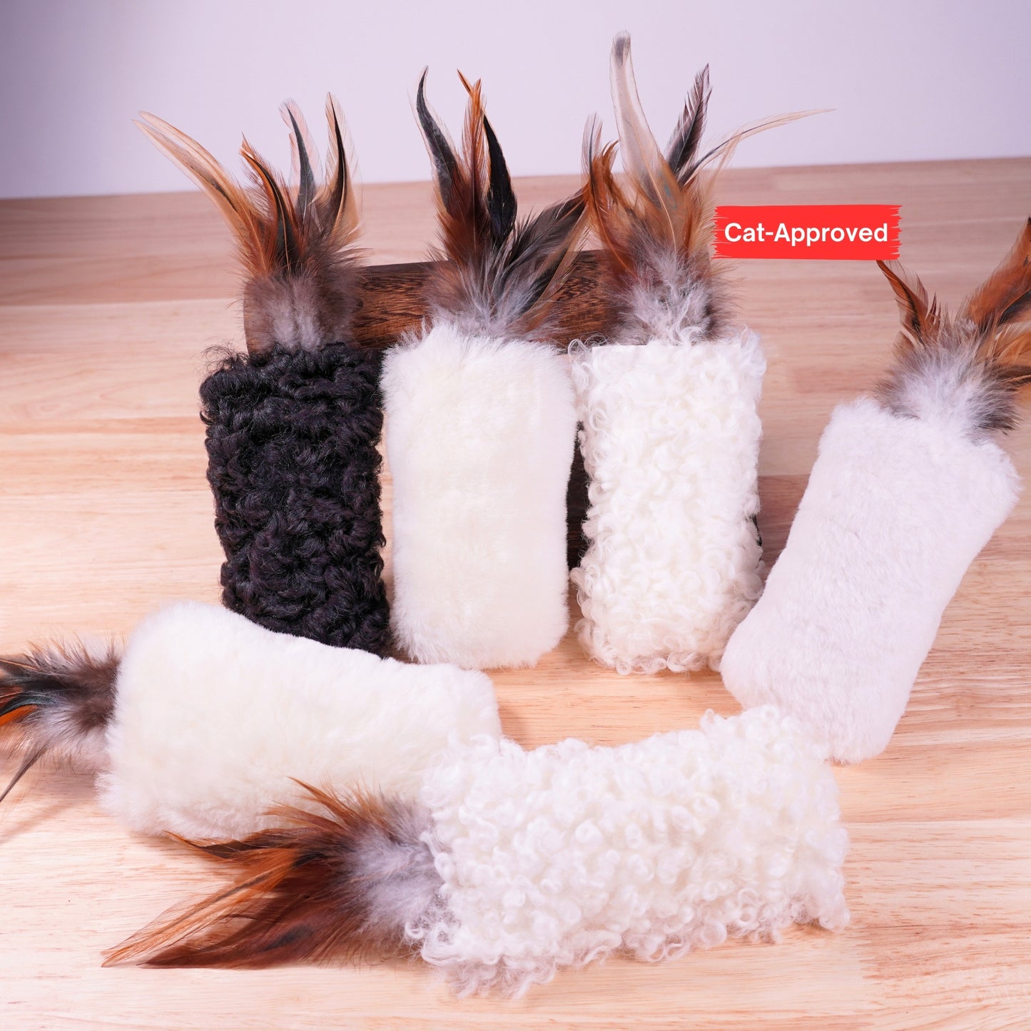 Sheepskin Wool Cat Kicker Toys - With Natural Pheasant Feathers