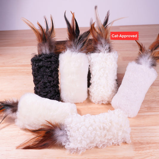 Sheepskin Wool Cat Kicker Toys - With Natural Pheasant Feathers