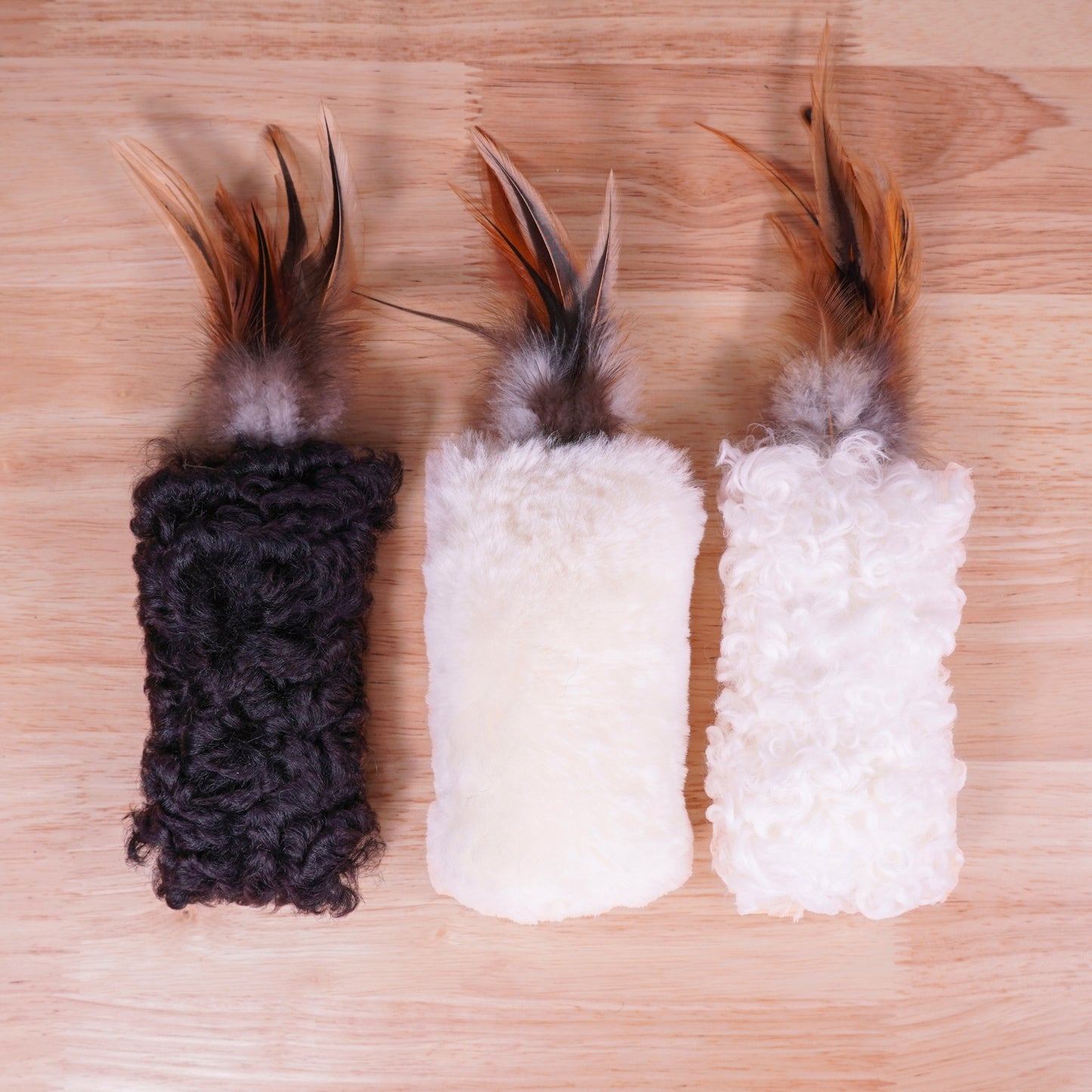 Sheepskin Wool Cat Kicker Toys - With Natural Pheasant Feathers