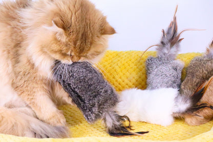 Rabbit Fur Cat Kicker Toys - With Natural Pheasant Feathers