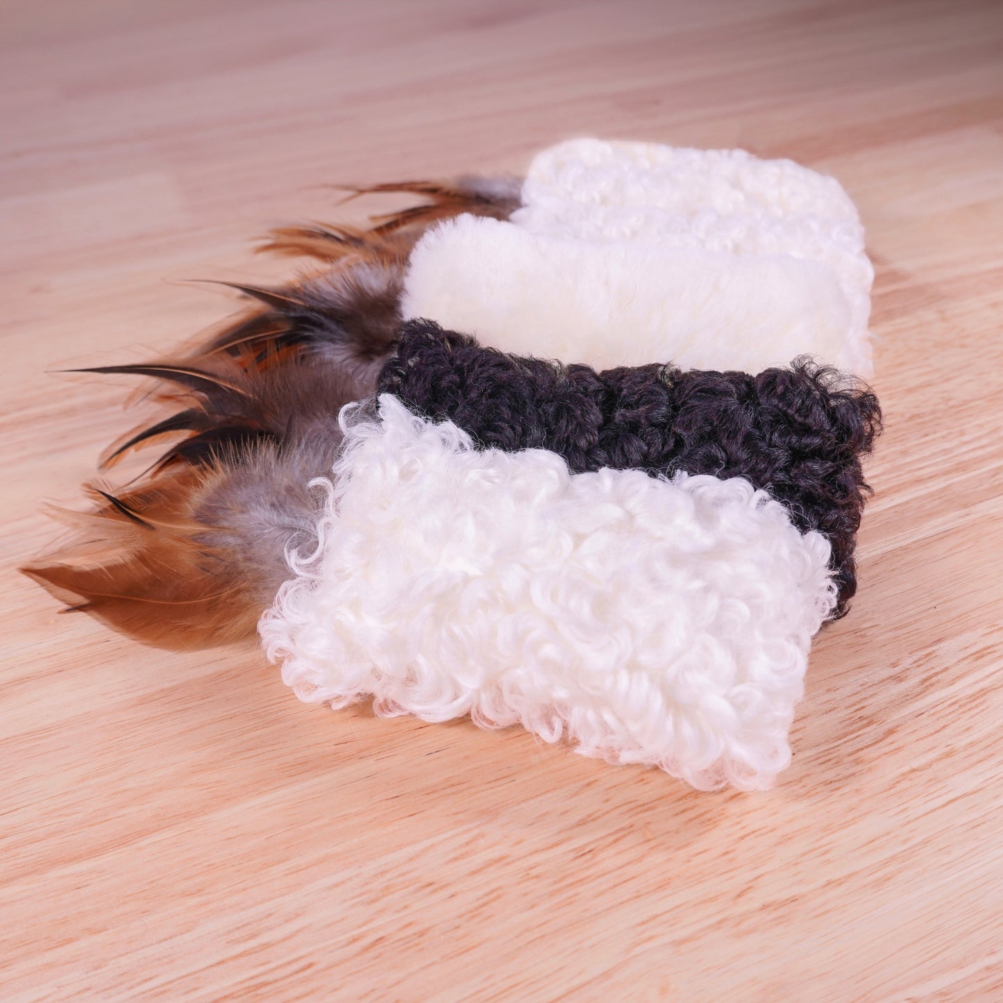 Sheepskin Wool Cat Kicker Toys - With Natural Pheasant Feathers