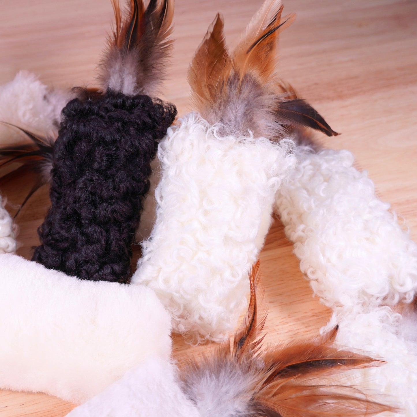 Sheepskin Wool Cat Kicker Toys - With Natural Pheasant Feathers
