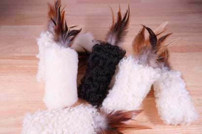 Sheepskin Wool Cat Kicker Toys - With Natural Pheasant Feathers